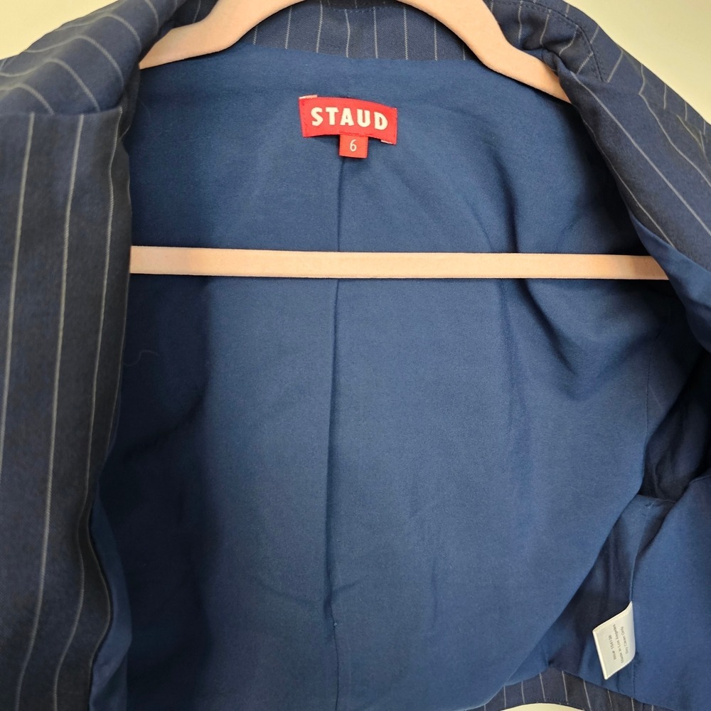 STAUD Navy Pinstripe Cropped Blazer Tailored Chic Minimalist Jacket Size 6 - Picture 4 of 12
